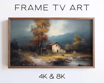 Moody Autumn Farmhouse Landscape Samsung Frame TV Art, Rustic Countryside Cabin Painting (Digital Download)