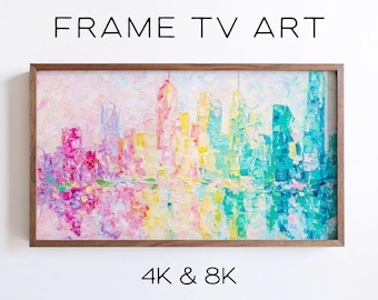 Pastel Abstract Cityscape Samsung Frame TV Art, Colorful Skyline Reflection Impressionist Painting (Digital Download)