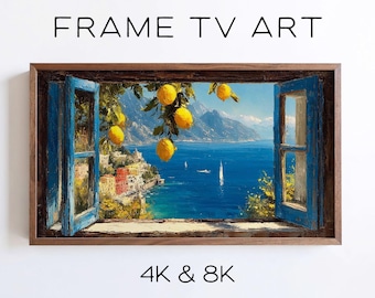 Amalfi Coast Lemon Window View Frame TV Art, Mediterranean Italian Coastal Painting (Digital Download)