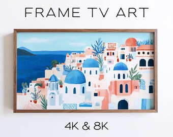 Mediterranean Coastal Santorini Samsung Frame TV Art, Blue Dome Architectural Painting (Digital Download)