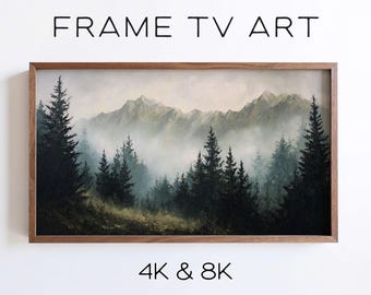 Misty Mountain Forest Landscape Samsung Frame TV Art, Moody Evergreen Wilderness Painting (Digital Download)