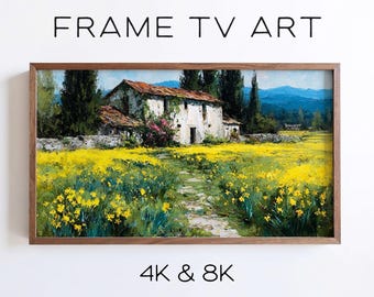 Impressionist Tuscan Farmhouse Samsung Frame TV Art, Spring Daffodil Meadow Scenic Landscape (Digital Download)