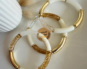 Bracelet jonc manchette bohème personnalisé, Ideal cadeau fête des mères, en perles tubes incurvées, tendance doré 2026