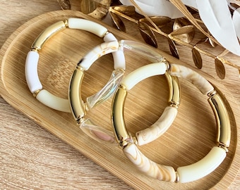 Pulseira Boho estilo bracelete - Pulseira Buda - contas tubulares curvas - Tendência Buda 2026. Bege com detalhes em dourado - Presente ideal para o Dia das Mães