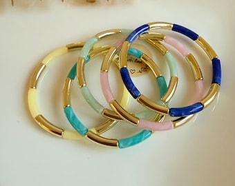 Pulseira Boho de Verão - Pulseira Elástica com Buda - Pulseira Elegante, Contas Tubulares Curvas em Dois Tons de Dourado - Feita à Mão - Presente Ideal para Festas