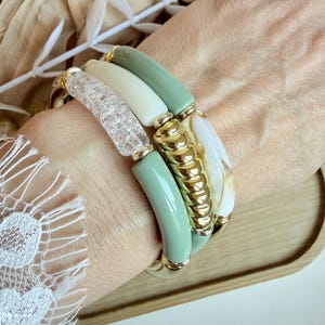 Boho bangle cuff bracelet - Buddha bracelet - curved tube beads - minimalist vintage - mint green and gold - Mother's Day gift