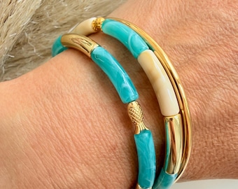 Pulseira Boho - Pulseira Buda - Pulseira elegante, contas tubulares rosa, bege e douradas - peixe de verão feito à mão - presente