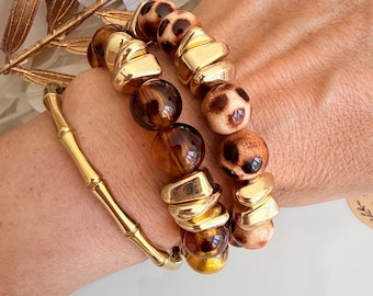 Pulseira rígida - estampa de leopardo e contas douradas - Bijuteria elástica boho chic para mulheres - efeito tartaruga - feita à mão - presente ideal para mulheres