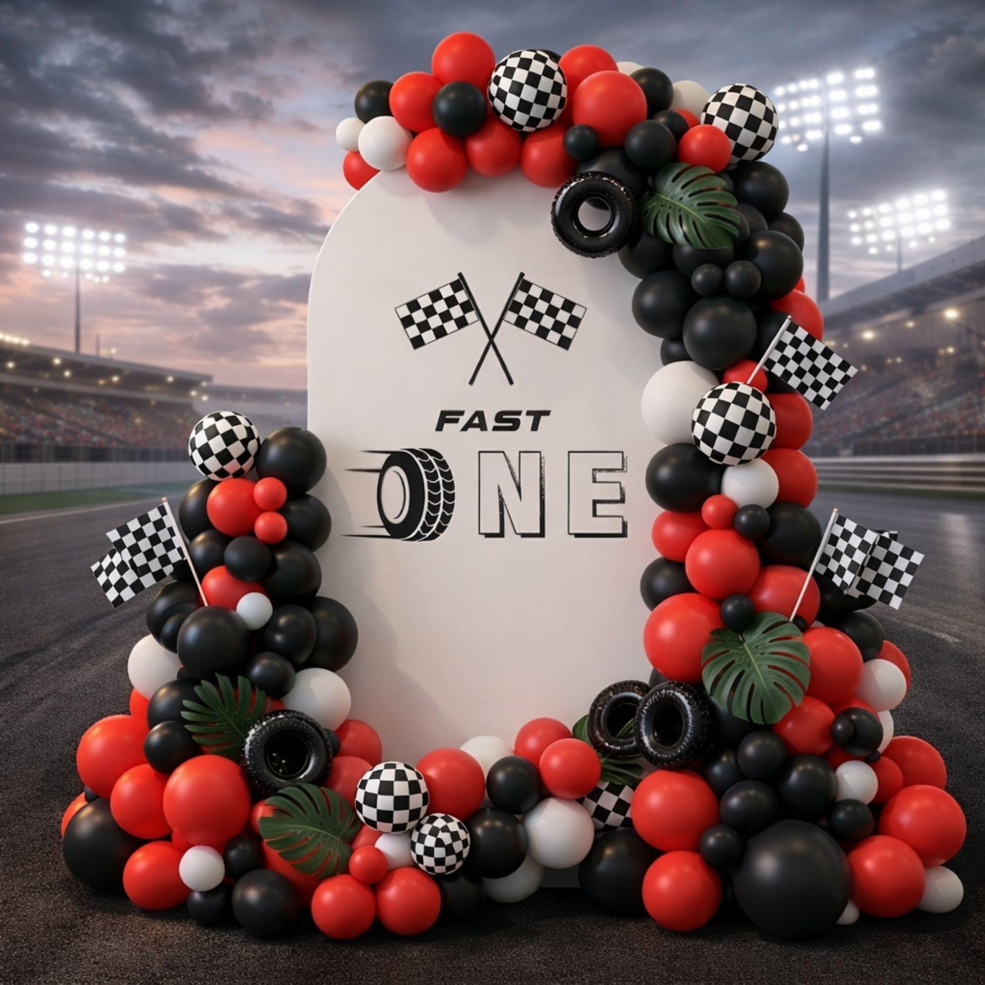 Fast One Birthday Backdrop, Racing Theme Balloon Arch, Checkered Flag ...