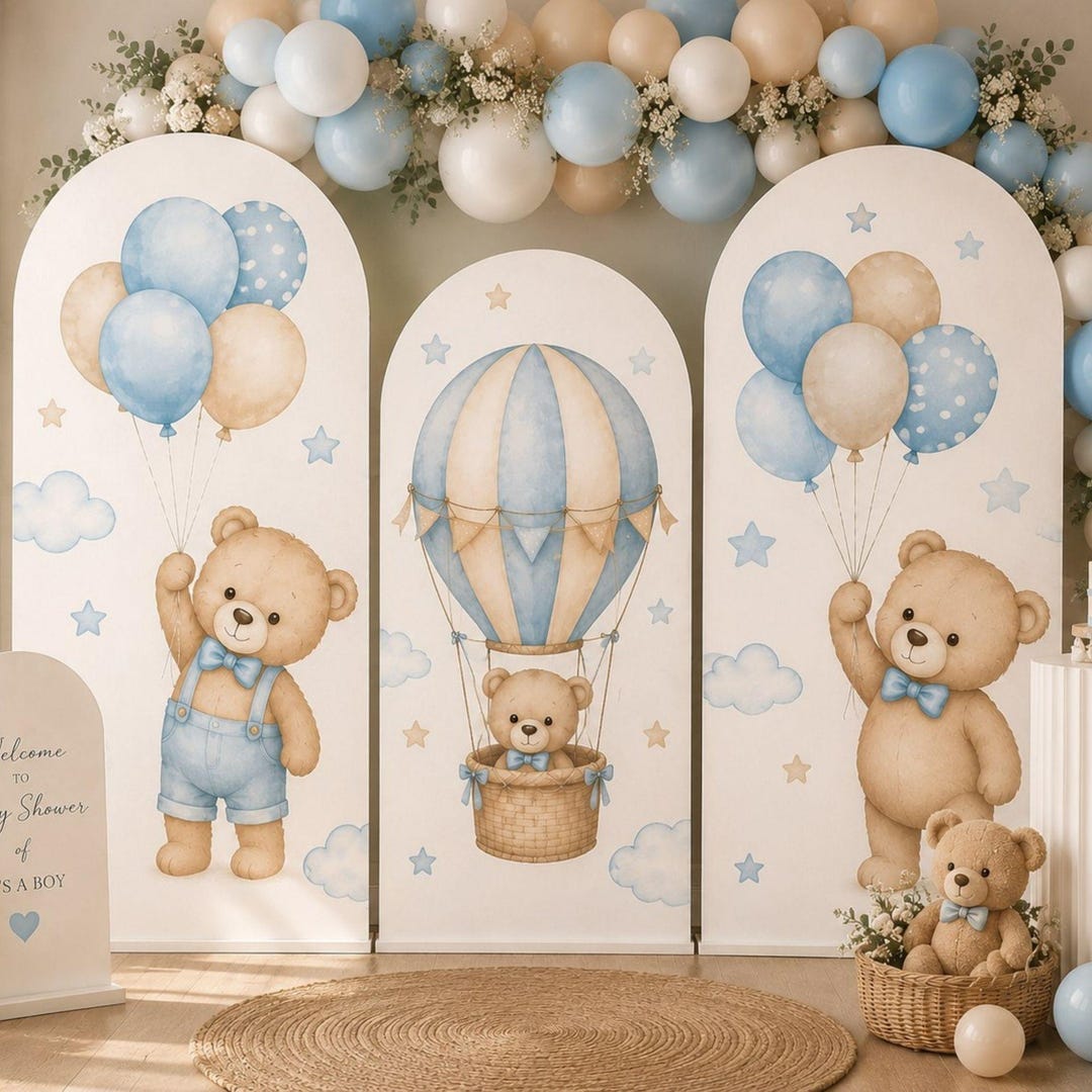 Teddy Bear Baby Shower Backdrop Set, Blue Balloon Bear Party Panels ...