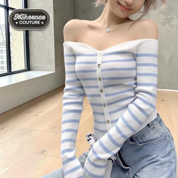 Off Shoulder Shirt | Striped Long Sleeve | Slim Fit Top | Casual Streetwear