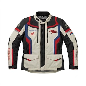 May include: A multi-coloured motorcycle jacket in beige, black, blue, and red. It features the Honda logo, the word Adventure, and Africa Twin branding. The jacket includes a high collar, front zip, two large flap pockets, and HRC branding.