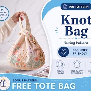 Puede incluir: Un bolso anudado beige con bordados florales, una borla y cuentas de madera. La imagen incluye el texto "Knot Bag Sewing Pattern" y "Beginner Friendly". La imagen también dice "Instant Download" y "Free Tote Bag".