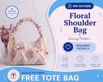 Molde para Bolsa de Ombro Floral | Bolsa Meia-Lua com Cordão | PDF para Bolsa de Ombro | Molde para Bolsa Floral | Molde Fácil para Iniciantes | Bolsa Faça Você Mesmo