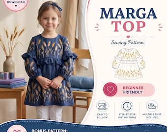 Molde para blusa infantil de verão | Camiseta infantil em PDF | Tamanhos 6 meses a 12 anos | Formatos A4 e Carta | Molde de costura para meninas | Faça você mesmo fácil para iniciantes