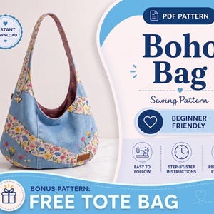 Peut inclure: Un sac Boho en denim bleu avec des motifs floraux et une anse marron. Le sac est orné d'un charm en forme d'abeille et d'une étiquette en cuir marron. Le texte indique "Boho Bag Sewing Pattern" et "Beginner Friendly".