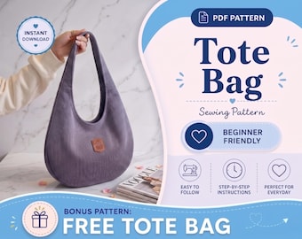 Molde para Bolsa Tote | Bolsa Tote Grande Estilo Hobo | Molde em PDF | Bolsa de Ombro Despojada | Molde Fácil para Iniciantes | Faça Você Mesmo sua Bolsa Tote