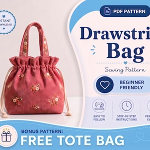 May include: A pink corduroy drawstring bag with floral embroidery and cream-colored drawstrings. The bag has a ruffled top and matching handles with floral accents. Text on the image reads "Drawstring Bag Sewing Pattern" and "Beginner Friendly".
