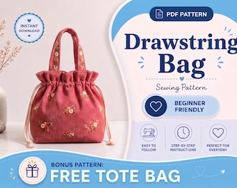 Molde para Bolsa Balde | Bolsa Balde com Cordão | Molde em PDF para Bolsa Balde | Bolsa de Ombro Fácil | Molde para Bolsa para Iniciantes | PDF para Bolsa Balde Faça Você Mesmo