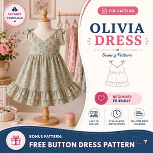May include: A digital sewing pattern for the Olivia Dress, featuring a sage green sleeveless dress with a pink floral print, tie-shoulder straps, and a double-tiered ruffled hem. The graphic includes text, a line drawing, and icons for instructions.