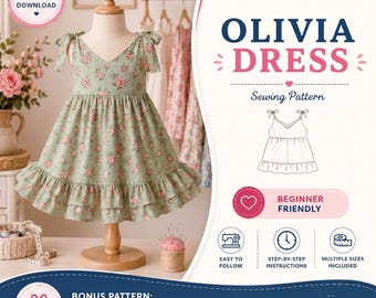 Molde para vestido de verão plissado | Vestido infantil de férias em PDF | Tamanhos 6 meses a 10 anos | Formatos A4 e Carta | Molde de costura infantil | Faça você mesmo fácil para iniciantes