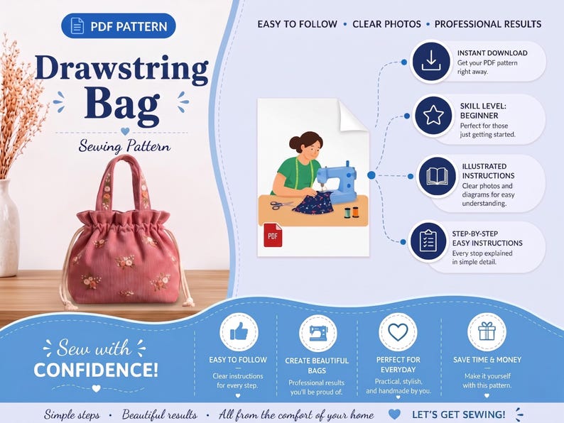 Bucket Bag Sewing Pattern | Drawstring Bucket Bag | PDF Bucket Bag ...