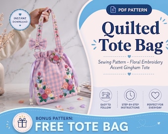 Molde para Bolsa Tote Acolchoada | Bolsa Transversal | Molde em PDF para Bolsa Tote | Tamanhos A0, A4 e Carta | Molde Fácil para Iniciantes | Bolsa Fofa Faça Você Mesmo