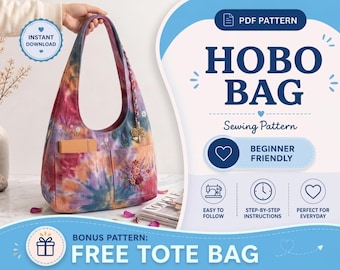 Molde para Bolsa Hobo | Molde para Bolsa Tote | Bolsa de Ombro com Dois Bolsos | Molde em PDF | Bolsa Hobo Despojada | Molde para Bolsa DIY para Iniciantes