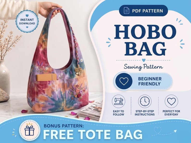 Hobo Bag Sewing Pattern | Tote Bag Pattern | Two Pockets Shoulder Bag ...