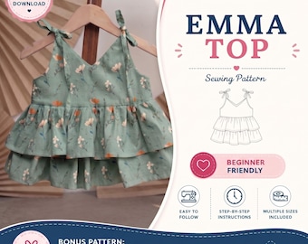 Molde para blusa infantil de verão | Camiseta infantil em PDF | Tamanhos 6 meses a 10 anos | Formatos A4 e Carta | Molde de costura para meninas | Faça você mesmo fácil para iniciantes
