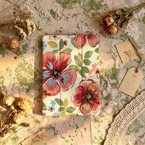 Large Floral Fabric iPad Case, Brick Red Blue Bloom Oil Painting Cover, Vintage Country Textile Case for iPad Air Pro 10th 11th Gen