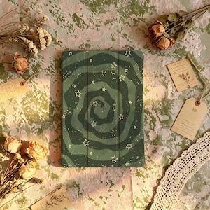 May include: A rectangular tablet case featuring a dark green swirling vortex pattern with white star outlines and small white dots. The case has a tri-fold design with visible vertical creases across the surface, creating a structured appearance.