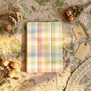 iPad-hoesje pastel pastel, macaron aquarel geruite hoes, zachte Cottagecore esthetische geruite hoes voor iPad Air Pro 10e 11e generatie