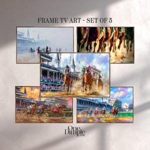 Puede incluir: Conjunto de cinco impresiones artísticas enmarcadas para TV con escenas de carreras de caballos. Las obras de arte incluyen representaciones de caballos y jinetes en acción, con varias paletas de colores y estilos. El texto "FRAME TV ART - SET OF 5" está en la parte superior.