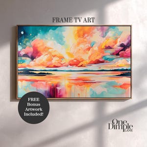 May include: A framed artwork for TV screens. The abstract landscape painting features a vibrant sunset with orange, pink, and teal hues reflected in the water. The text "FRAME TV ART" is at the top. A bonus artwork is included.