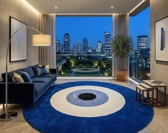 Round Blue Target Rug, Hand Tufted Wool Rug, Modern Geometric Circle Rug, Abstract Area Rug, Luxury Living Room Carpet 5x5ft 6x6ft 7x7ft 8ft