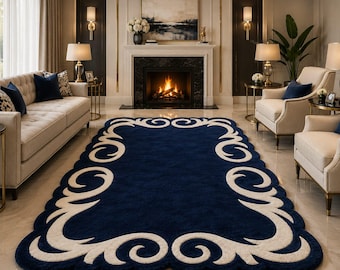 Hand Tufted Wool Rug, Navy Blue Ivory Scroll Rug, Luxury Area Rug, Scalloped Edge Carpet, Custom Living Room Rug 7x10ft 8x11ft  9x12ft 6x6ft