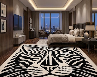 Tiger Face Rug, Hand Tufted Wool Area Rug, Black White Animal Print Carpet, Luxury Statement Designer Living Room Rug 8x10ft 9x12ft 8ft .