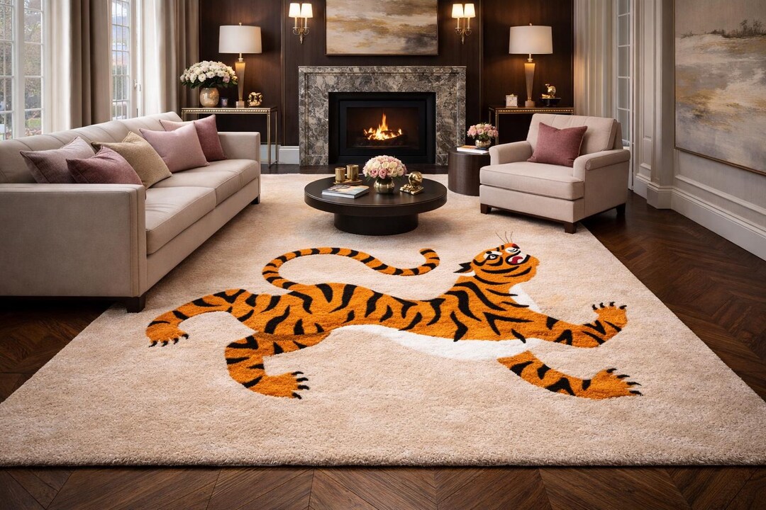 Tiger Rug Hand Tufted Wool Animal Area Rug Modern Safari Rug Beige ...