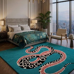 Peut inclure: Un tapis turquoise avec un motif de serpent noir, blanc et rouge. Le tapis est dans une chambre avec un lit, des tables de chevet et une grande fenêtre donnant sur un paysage urbain.