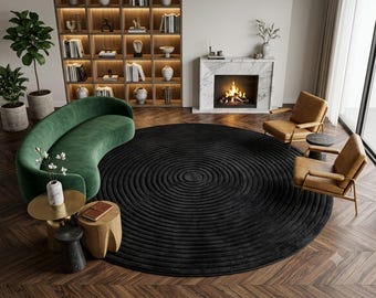 Black Round Rug, Hand Tufted Wool Area Rug, Modern Minimalist Carpet, Sculpted Circle Rug, Luxury Designer Rug, Custom Rug 6x6ft 8x8ft 10ft.