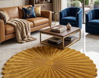Hand Tufted Wool Round Sunburst Rug, Mustard Yellow Luxury Area Rug, Modern Sculpted Carpet, Mid Century Designer Rug 6x6ft 8x8ft 10x10ft.