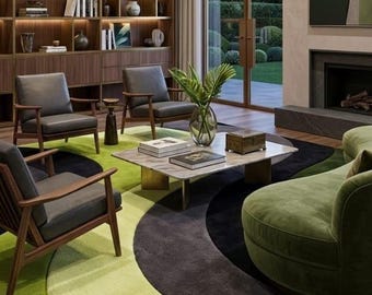 Hand Tufted Wool Abstract Green Black Rug, Modern Organic Shape Area Rug, Mid Century Luxury Carpet, Designer Living Room Rug 8x10ft 12x15ft