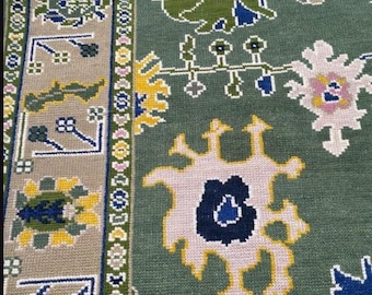 Hand Knotted Oushak Rug, Green Turkish Vintage Rug, Floral Wool Area Rug, Handmade Oriental Carpet for Living Room 8x10ft 5x8ft 12x16ft 5x5.