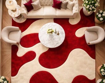 Hand Tufted Abstract Wool Rug, Modern Red Cream Area Rug, Contemporary Artistic Carpet, Luxury Living Room Rug, Boho Decor 10x10ft 8x10ft.
