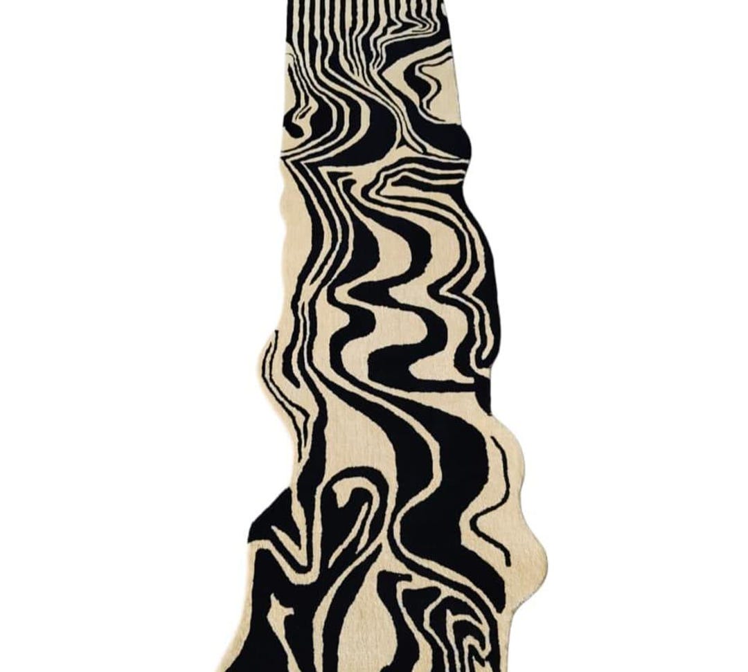 Unique Shape Runner Rug Hand Tufted Abstract Wavy Runner Rug, Black and Cream Modern Hallway ...
