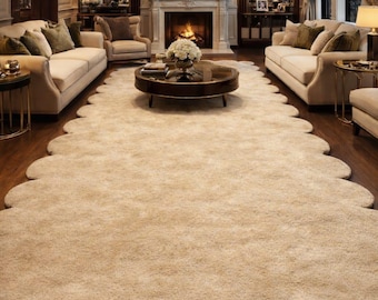 Scalloped Edge Wool Rug, Hand Tufted Beige Area Rug, Luxury Neutral Carpet, Plush Soft Living Room Rug, Custom Handmade Rug 4x6ft 5x8ft 8ft.