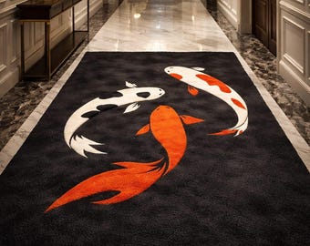 Koi Fish Hand Tufted Wool Rug, Luxury Black Area Rug, Modern Japanese Carp Rug, Bedroom Living Room Custom Rug 4x6ft 5x7ft 8x10ft 6ft 8ft.