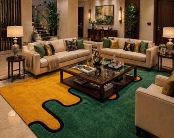 Hand Tufted Wool Abstract Green Mustard Rug, Modern Color Block Area Rug, Luxury Plush Carpet, Mid Century Designer Rug 4x6ft 5x7ft 6x9 ft.
