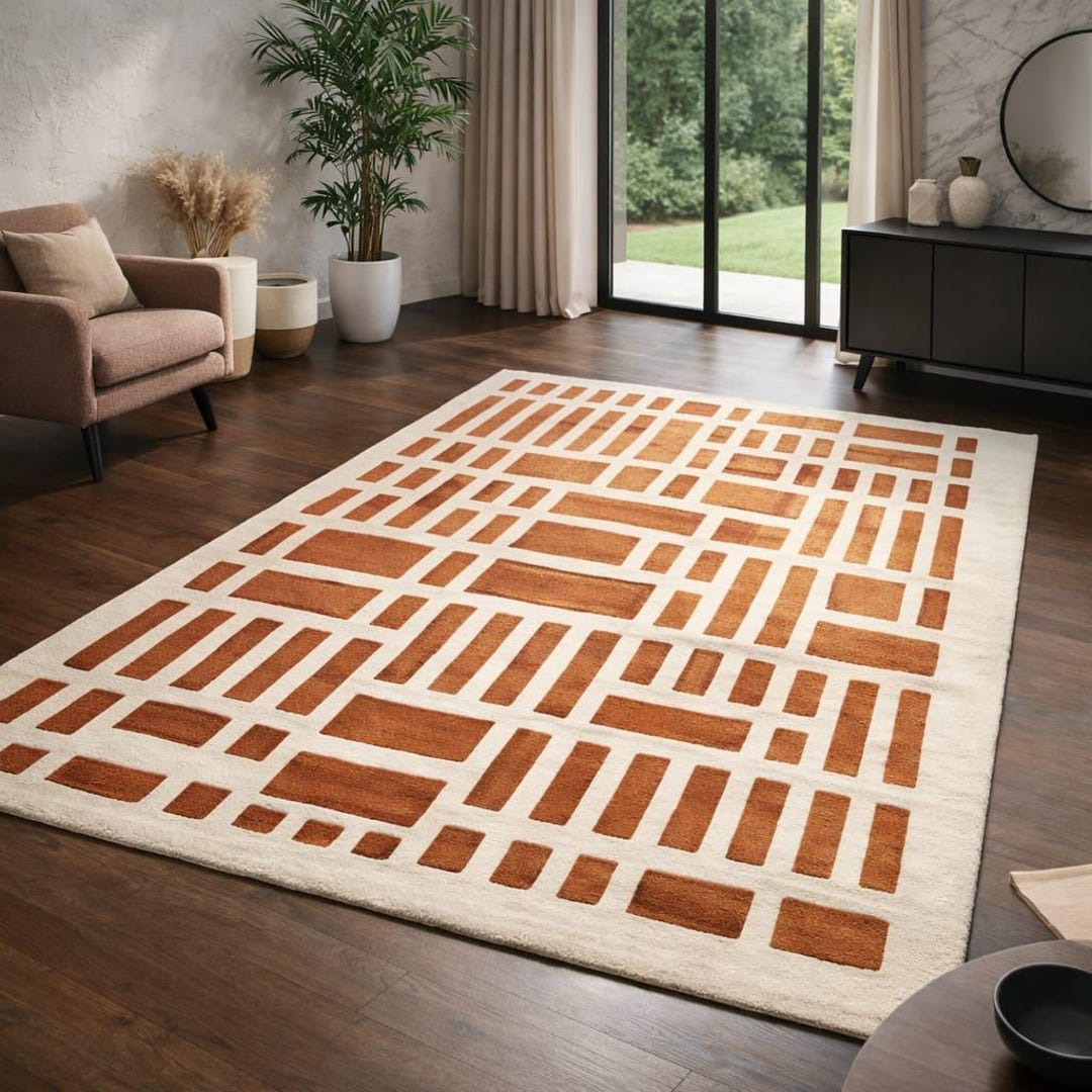 Hand Tufted Terracotta and Cream Geometric Rug, Modern Abstract Grid ...